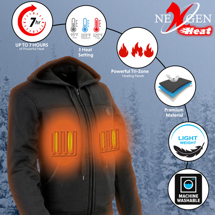 Nexgen Heat NXL2713SET Women's Black Heated Front Zipper Hoodie Jacket for Winter Cold Weather Riding Outdoor Activities