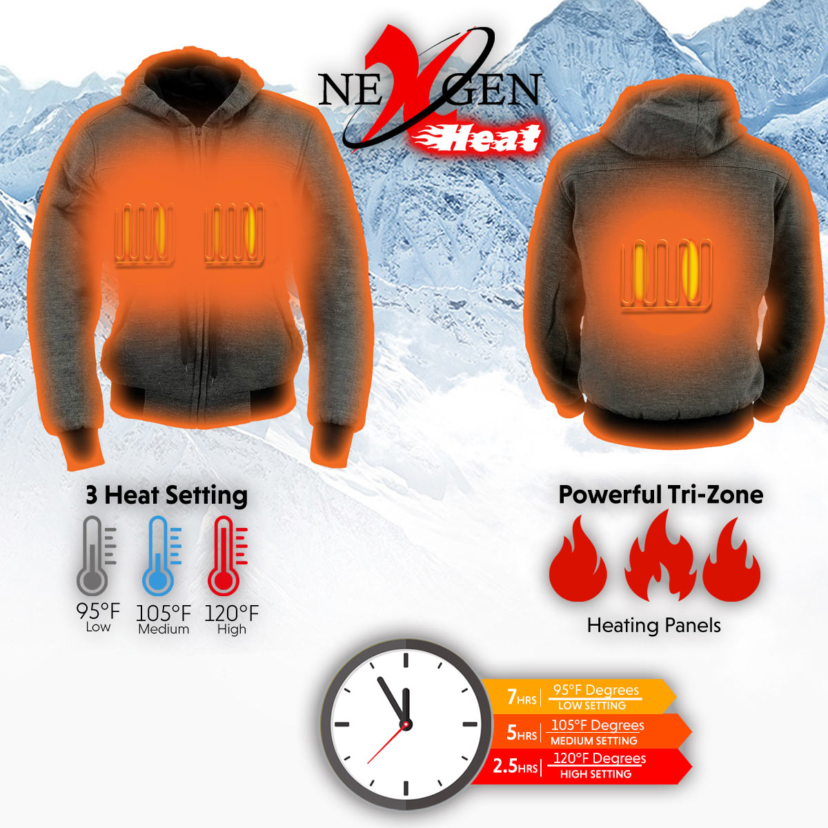 Nexgen Heat NXL2713SET Women's Grey Heated Front Zipper Hoodie Jacket for Winter Cold Weather Riding Outdoor Activities