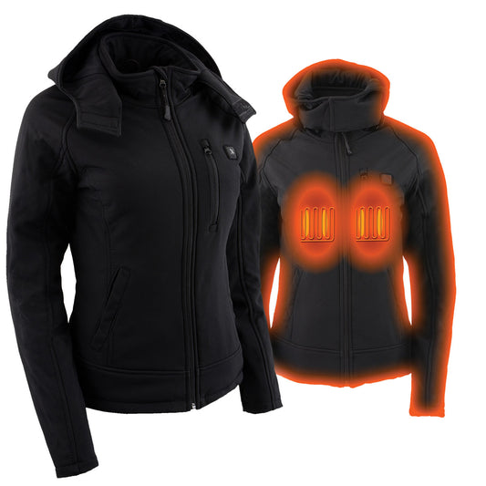Nexgen Heat MPL2767SET Women's Black Soft Shell Heated Jacket with Detachable Hood (Included Rechargeable 10000mAh Battery)