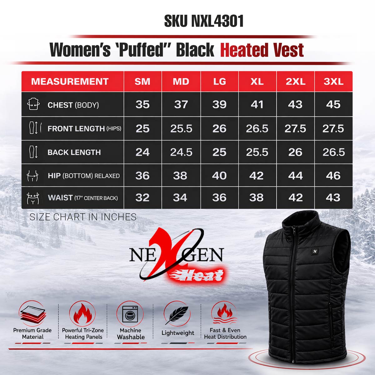Nexgen Heat Women's NXL4301SET Puffer Black Heated Winter Vest - for Winter Cold Weather Riding Outdoors