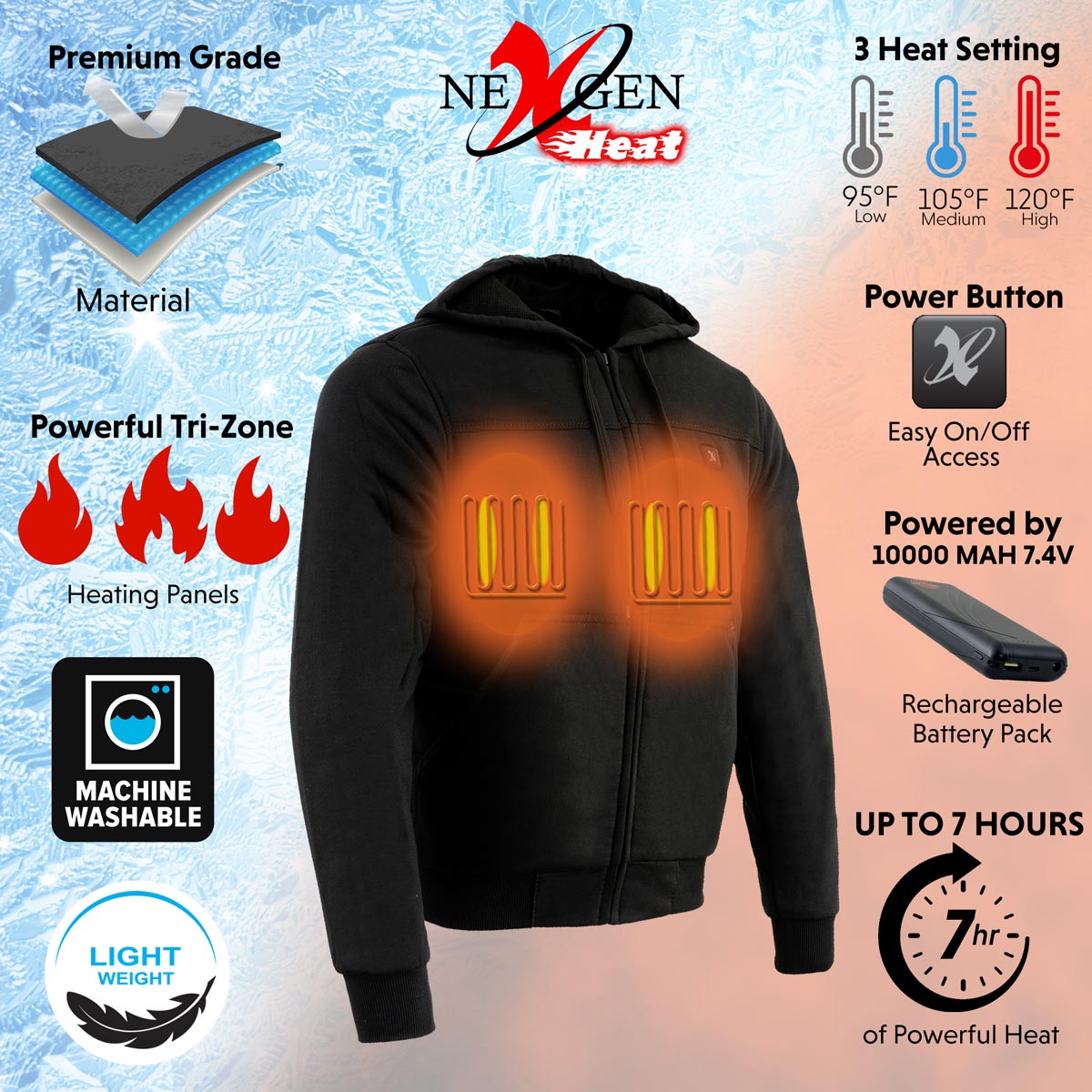 Nexgen Heat Men’s Black Heated Hoodie Jacket – Winter Motorcycle Riding Gear for Cold Outdoors MPM1714SET