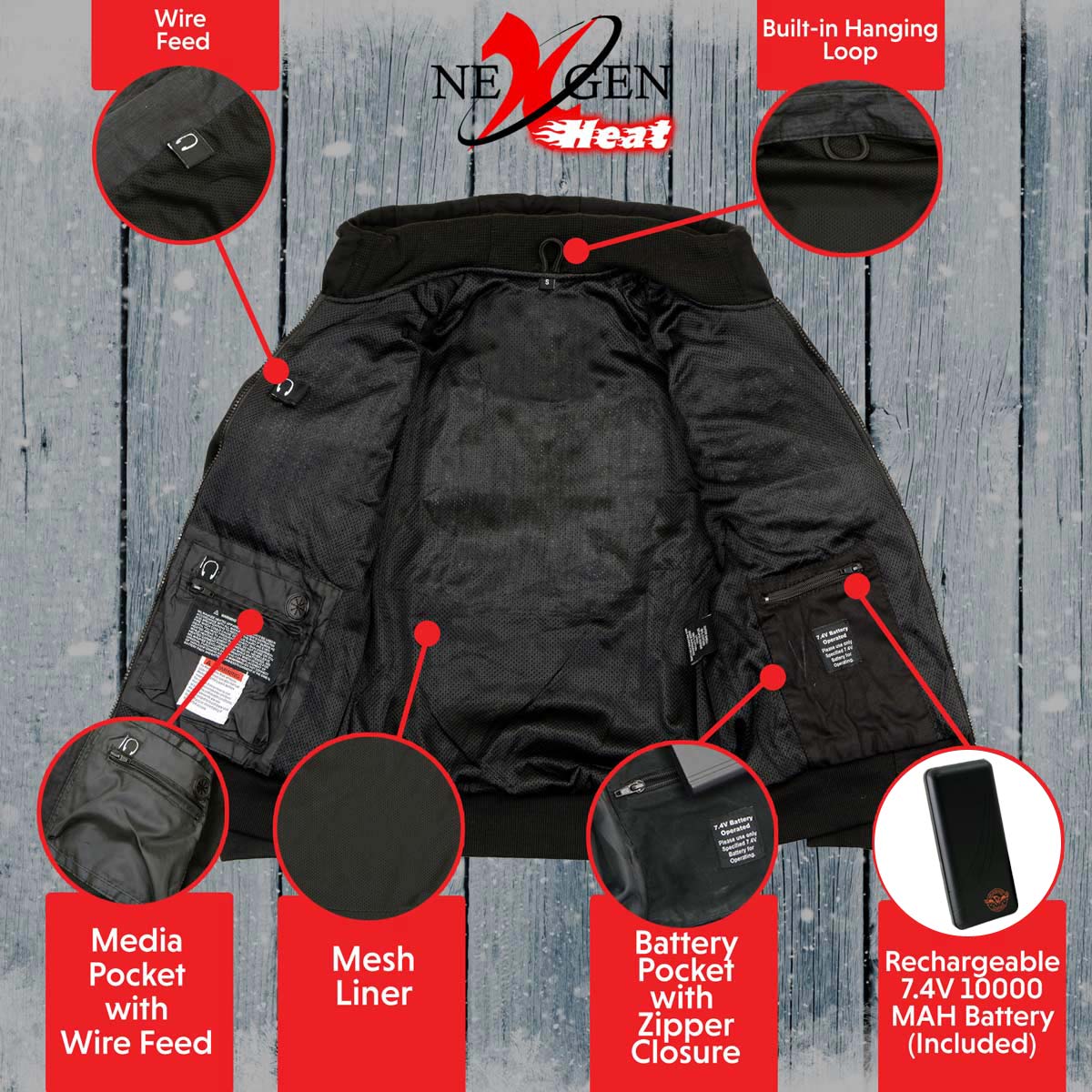 Nexgen Heat NXL2713SET Women 'Heated' Front Zipper Black Hoodie Jacket for Outdoor Activities  w/ Battery Pack