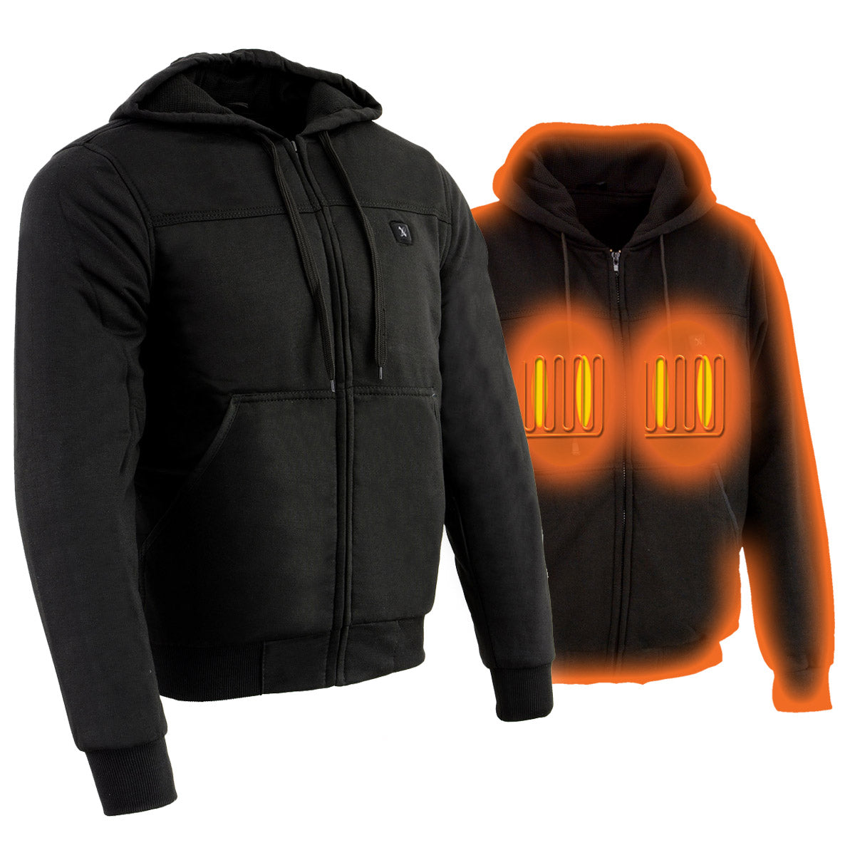 Nexgen Heat NXM1713SET Men's Black 'Fiery' Heated Hoodies - Front Zipper Textile Heated Jacket for Winter w/Battery Pack