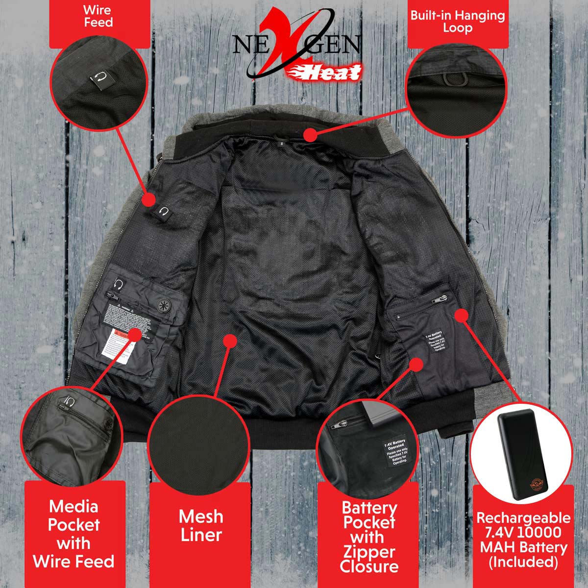 Nexgen Heat Men’s Grey Heated Hoodie Jacket – Winter Motorcycle Riding Gear for Cold Outdoors MPM1713SET
