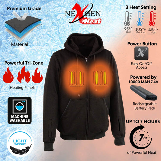 Nexgen Heat NXM1717DUAL Technology Men's Heated Hoodie - Black Sweatshirt Jacket - for Outdoor Winter Cold Weather