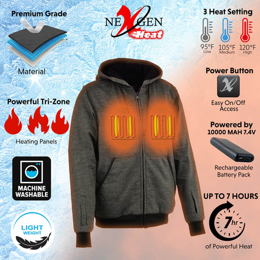 Nexgen Heat NXM1717DUAL Technology Men's Heated Hoodie - Grey Sweatshirt Jacket - for Outdoor Winter Cold Weather