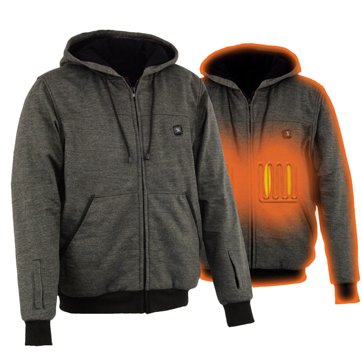 Nexgen Heat NXM1717DUAL Men's Grey Heated Hoodie w/ Dual Power Technology - Biker Jacket for Winter w/Battery Pack