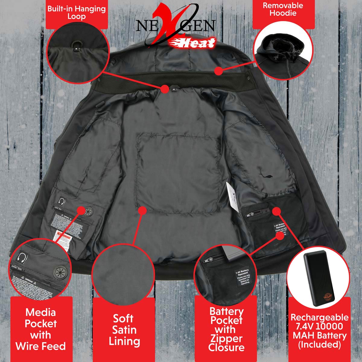 Nexgen Heat MPL2761SET Women's Black 'Heated' Soft Shell Racing Style Heated Jacket for Hiking Riding