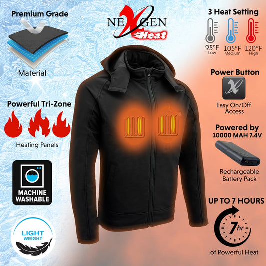 Nexgen Heat MPM1767SET Men's Black 'Heated' Soft Shell Hooded Zipper Front Jacket with Detachable Hood