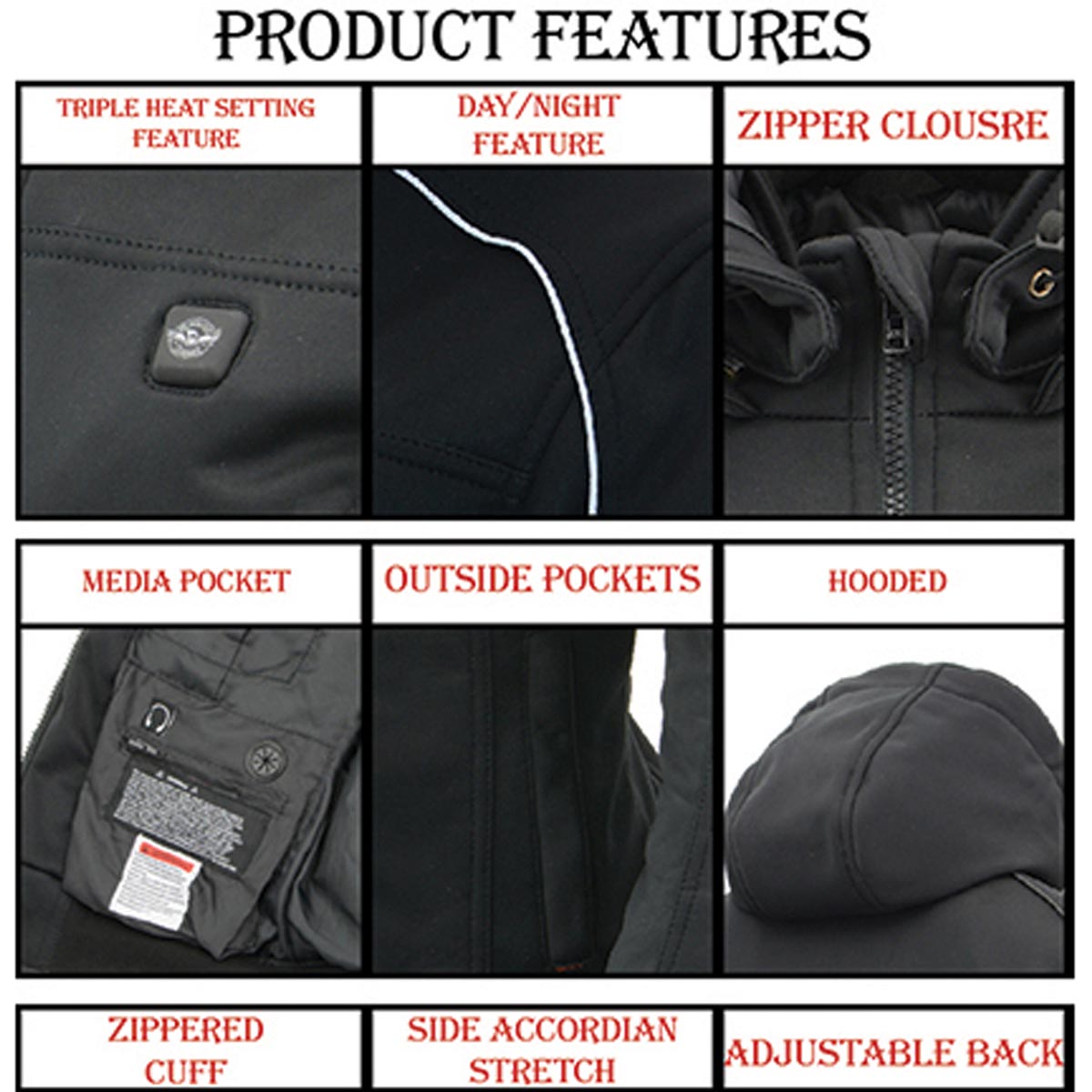 Nexgen Heat MPM1767SET Men's Black 'Heated' Soft Shell Hooded Zipper Front Jacket with Detachable Hood