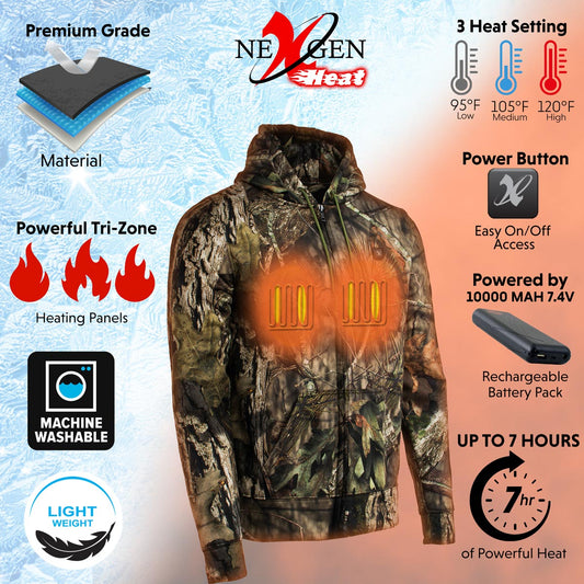 Nexgen Heat MPM1776SET Men's Camouflaged Heated Zipper Hoodies - for Winter Cold Weather Riding Outdoor Activities