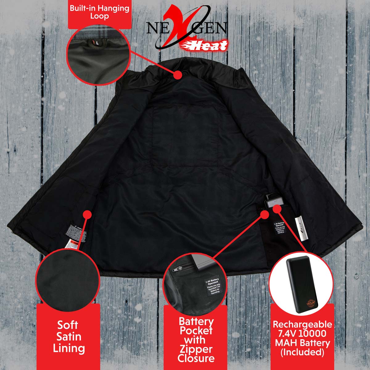 Nexgen Heat Men's NXM3301SET Puffer Black Heated Winter Vest - for Outdoor Winter Cold Weather Activities