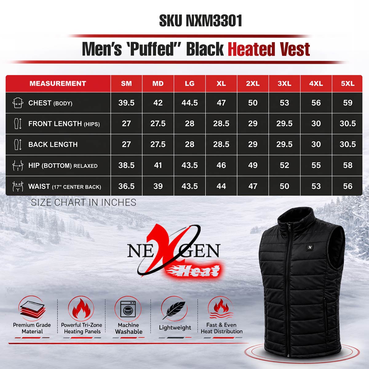 Nexgen Heat Men's NXM3301SET Puffer Black Heated Winter Vest - for Outdoor Winter Cold Weather Activities