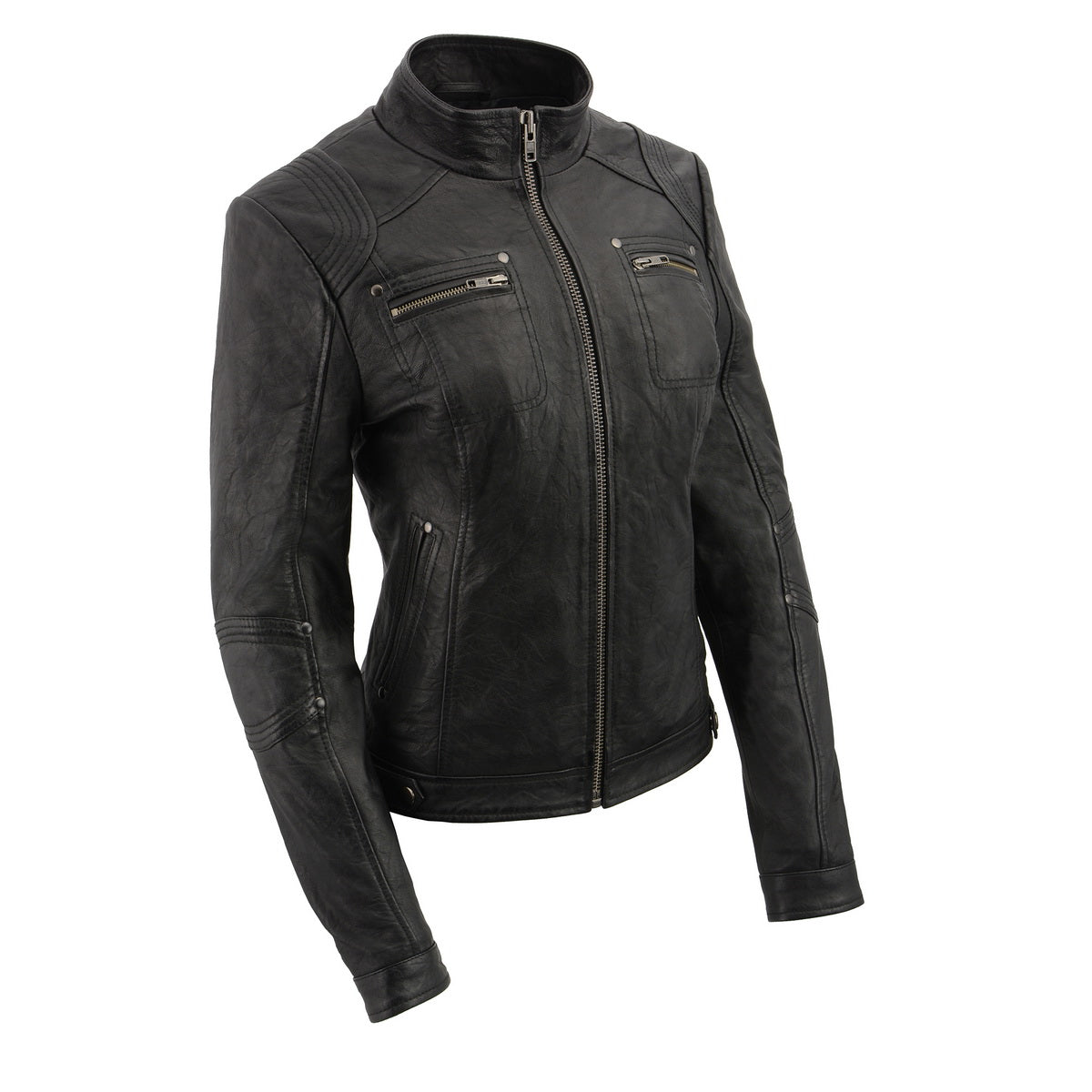 Milwaukee Leather SFL2801 Women's 'Racer' Black Stand Up Collar Motorcycle Fashion Leather Jacket