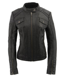 Milwaukee Leather SFL2806 Women's Quilted Black Mandarin Scuba Collar Fashion Casual Leather Jacket