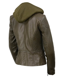 Milwaukee Leather SFL2815 Womens Olive Motorcycle Style Leather Jacket with Hoodie and Asymmetrical Zipper