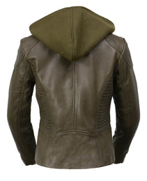 Milwaukee Leather SFL2815 Womens Olive Motorcycle Style Leather Jacket with Hoodie and Asymmetrical Zipper
