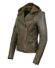 Milwaukee Leather SFL2815 Womens Olive Motorcycle Style Leather Jacket with Hoodie and Asymmetrical Zipper