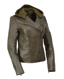 Milwaukee Leather SFL2815 Womens Olive Motorcycle Style Leather Jacket with Hoodie and Asymmetrical Zipper</