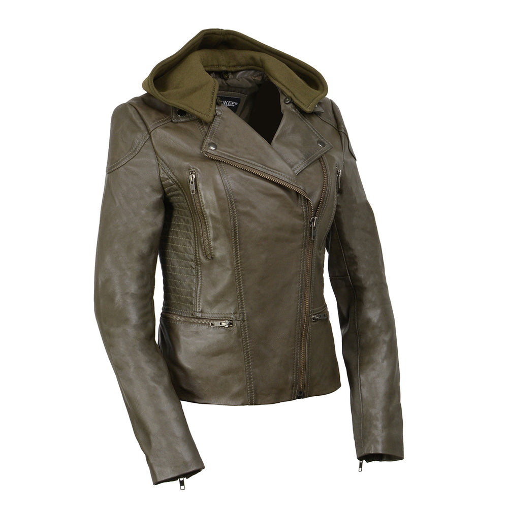 Milwaukee Leather SFL2815 Womens Olive Motorcycle Style Leather Jacket with Hoodie and Asymmetrical Zipper