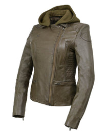 Milwaukee Leather SFL2815 Womens Olive Motorcycle Style Leather Jacket with Hoodie and Asymmetrical Zipper