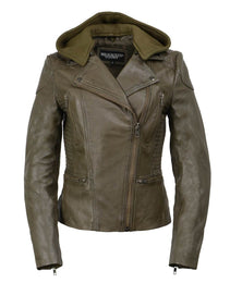 Milwaukee Leather SFL2815 Womens Olive Motorcycle Style Leather Jacket with Hoodie and Asymmetrical Zipper