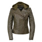 Milwaukee Leather SFL2815 Womens Olive Motorcycle Style Leather Jacket with Hoodie and Asymmetrical Zipper