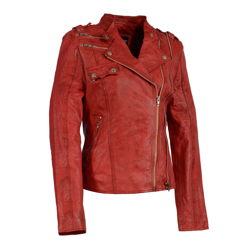 Milwaukee Leather SFL2845 Women's Distressed Red Leather Motorcycle Style Jacket with Asymmetrical Zipper