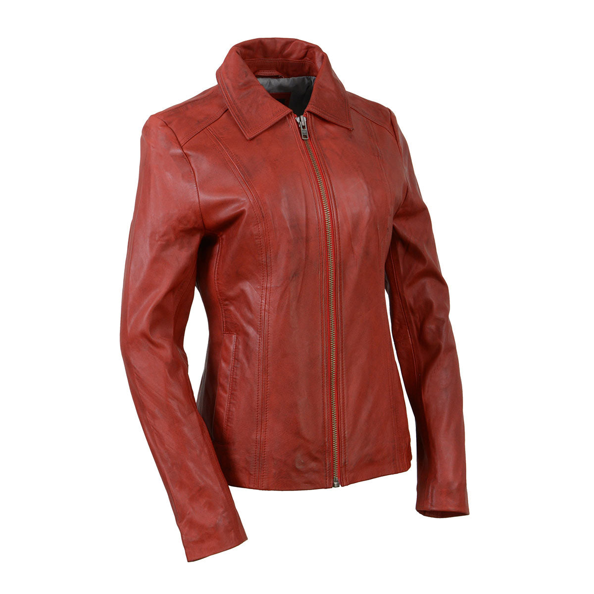 Milwaukee Leather SFL2850 Women's Classic Red Zippered Motorcycle Style Fashion Leather Jacket with Shirt Style Collar