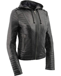 Milwaukee Leather SFL3554 Women's Black Scuba Style Zippered Front Motorcycle Fashion Leather Jacket with Hoodie