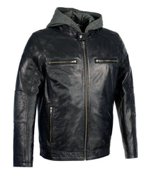 Milwaukee Leather SFM1850 Men's Black Leather Snap Collar Moto Jacket with Removable Hoodie