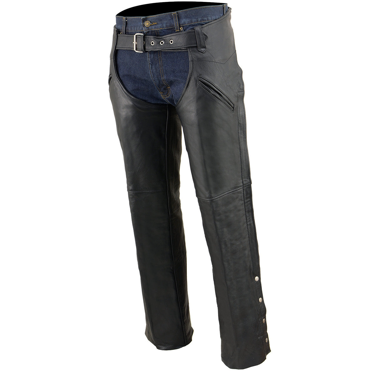 Milwaukee Leather Chaps for Men's Black Leather Slash Pocket- Snap Out Biker Motorcycle Riders Chap- SH1103NL