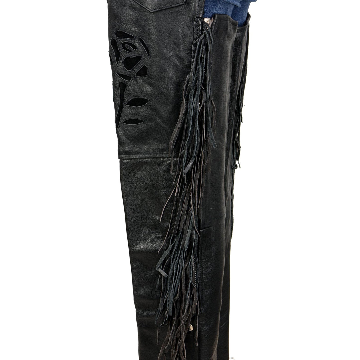 Milwaukee Leather SH1116 Women's Classic Braided & Fringed Black Leather Motorcycle Chaps w/ Black Rose Embroidery