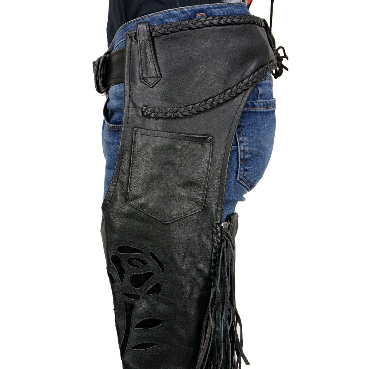 Milwaukee Leather SH1116 Women's Classic Braided & Fringed Black Leather Motorcycle Chaps w/ Black Rose Embroidery