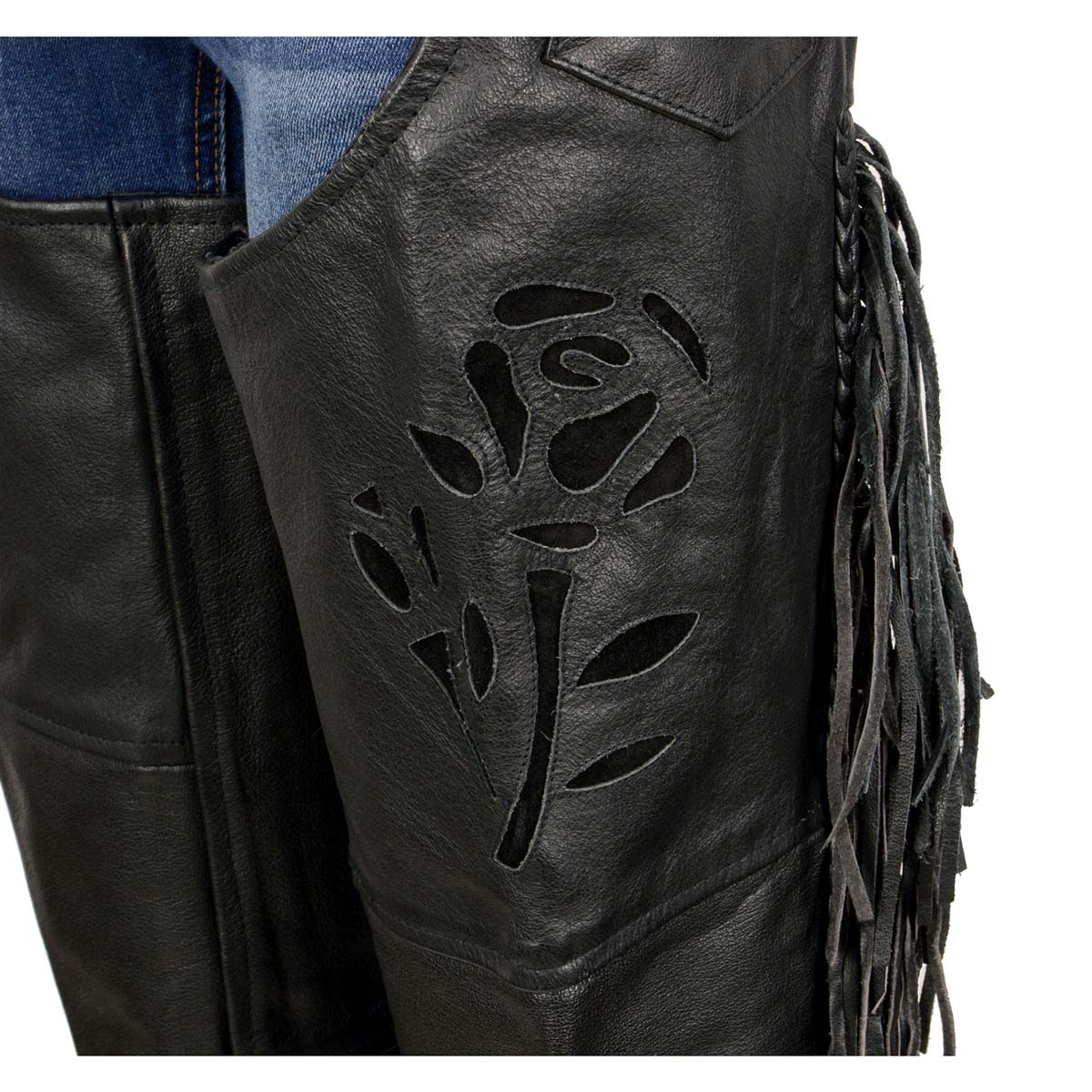 Milwaukee Leather SH1116 Women's Classic Braided & Fringed Black Leather Motorcycle Chaps w/ Black Rose Embroidery