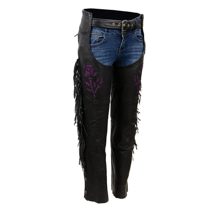 Milwaukee Leather SH1116 Women's Classic Braided & Fringed Black Leather Motorcycle Chaps w/ Purple Rose Embroidery