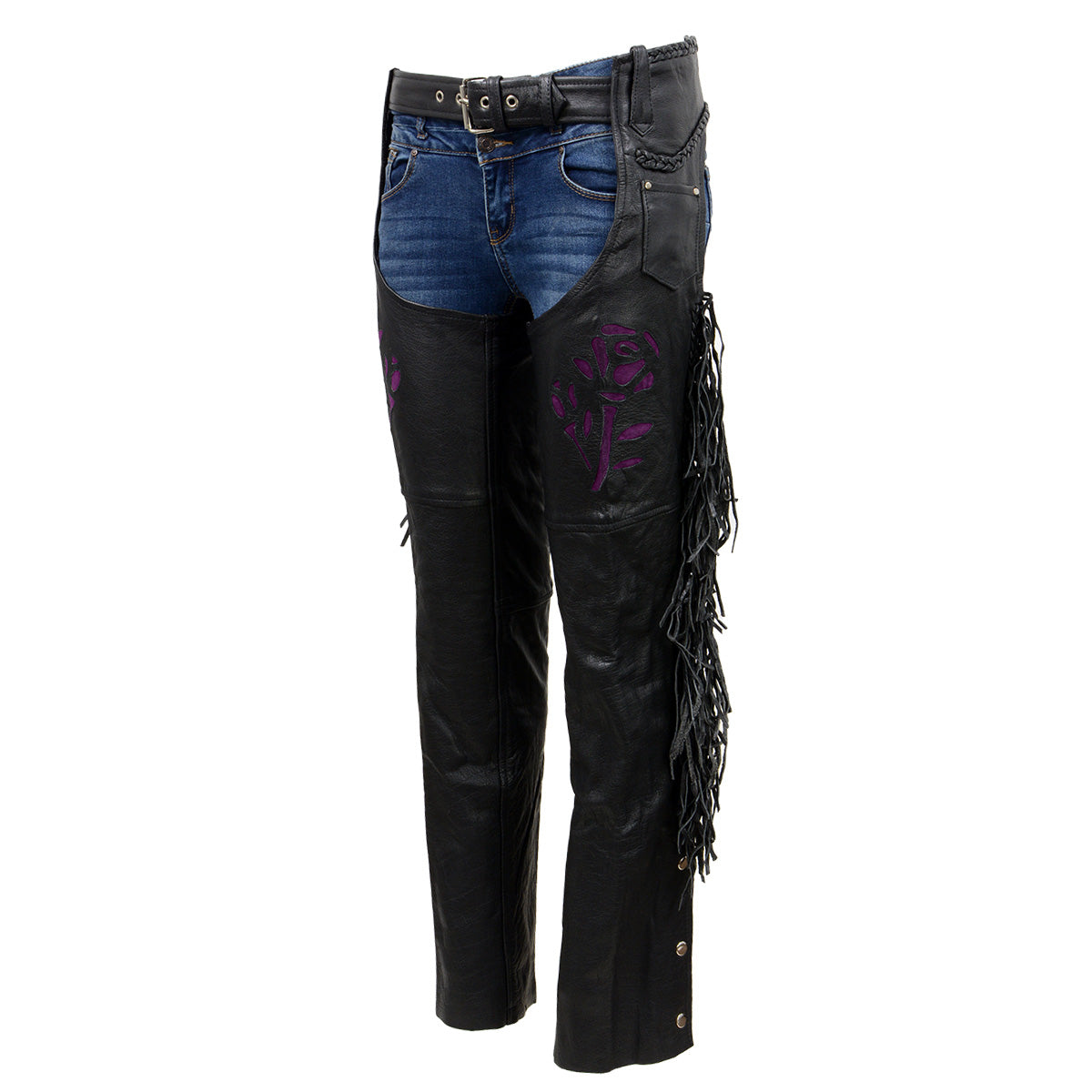 Milwaukee Leather SH1116 Women's Classic Braided & Fringed Black Leather Motorcycle Chaps w/ Purple Rose Embroidery