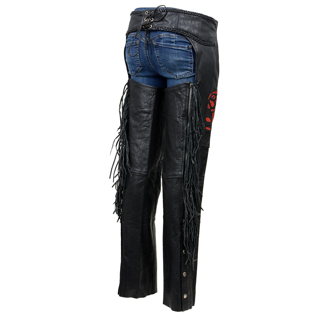 Milwaukee Leather SH1116 Women's Classic Braided & Fringed Black Leather Motorcycle Chaps w/ Red Rose Embroidery