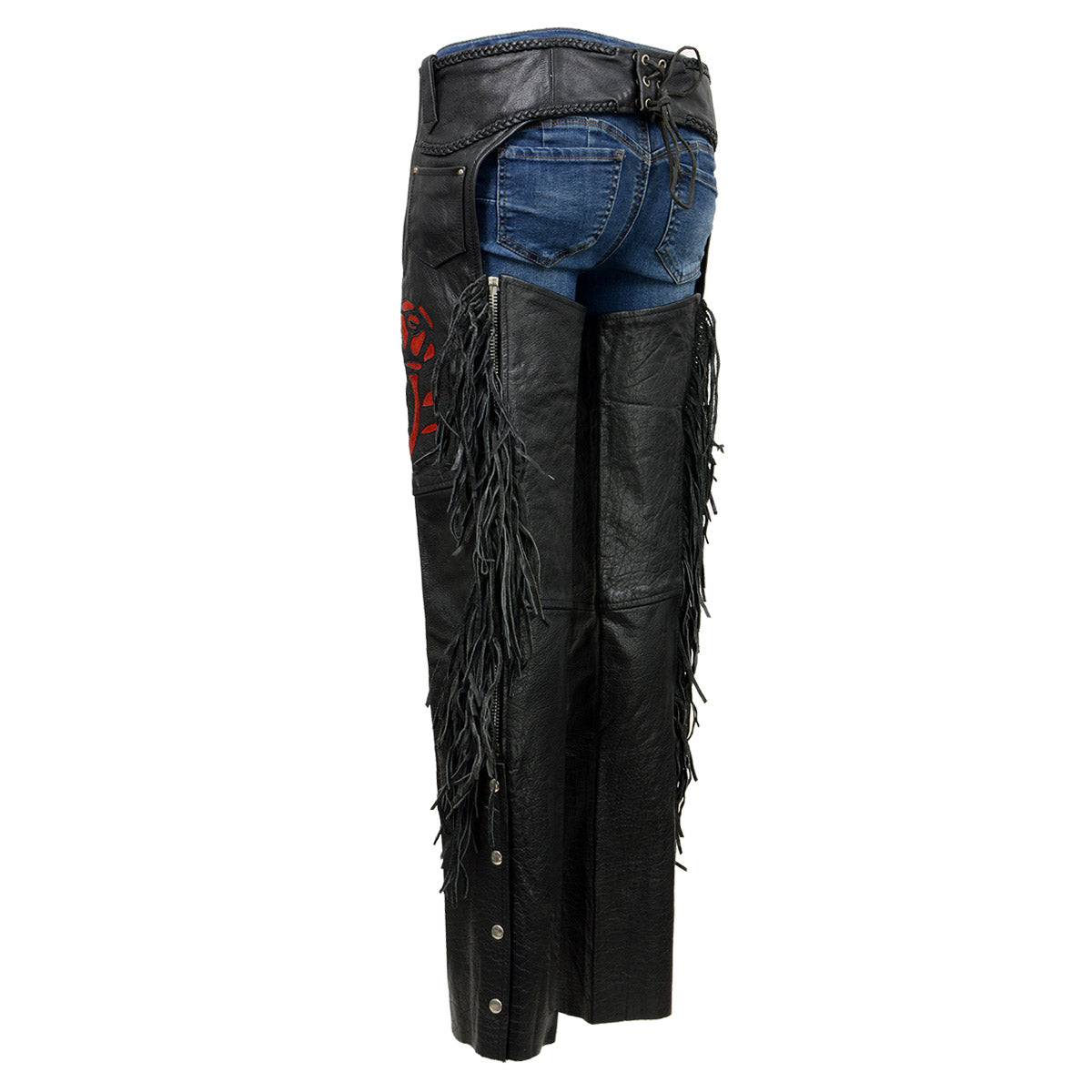 Milwaukee Leather SH1116 Women's Classic Braided & Fringed Black Leather Motorcycle Chaps w/ Red Rose Embroidery