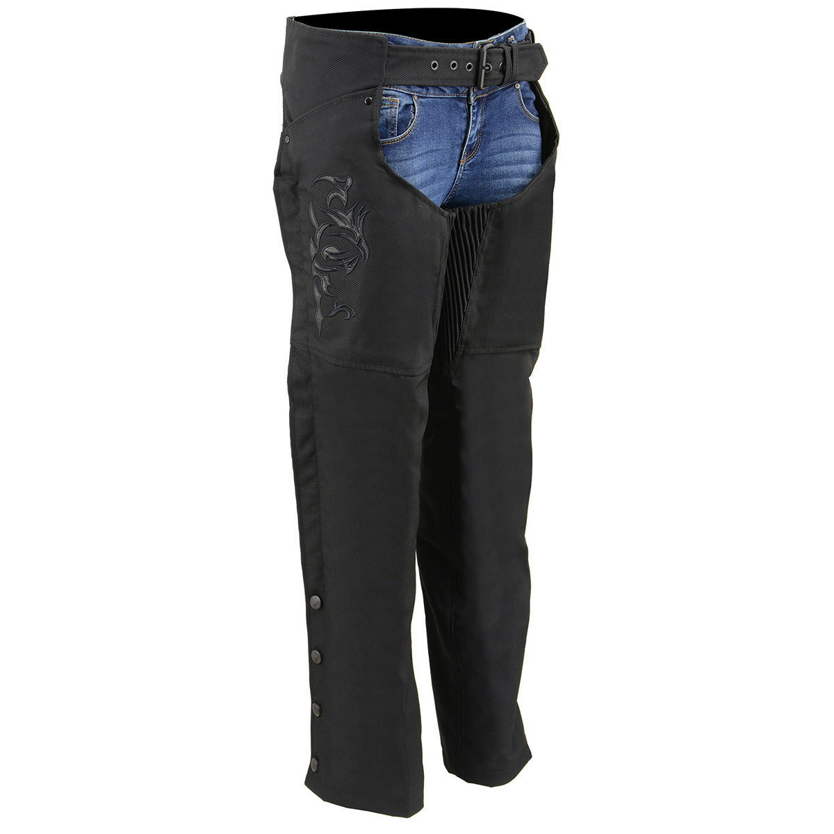 Milwaukee Leather SH1182 Women's Black Textile Motorcycle Riding Chaps with Tribal Embroidery