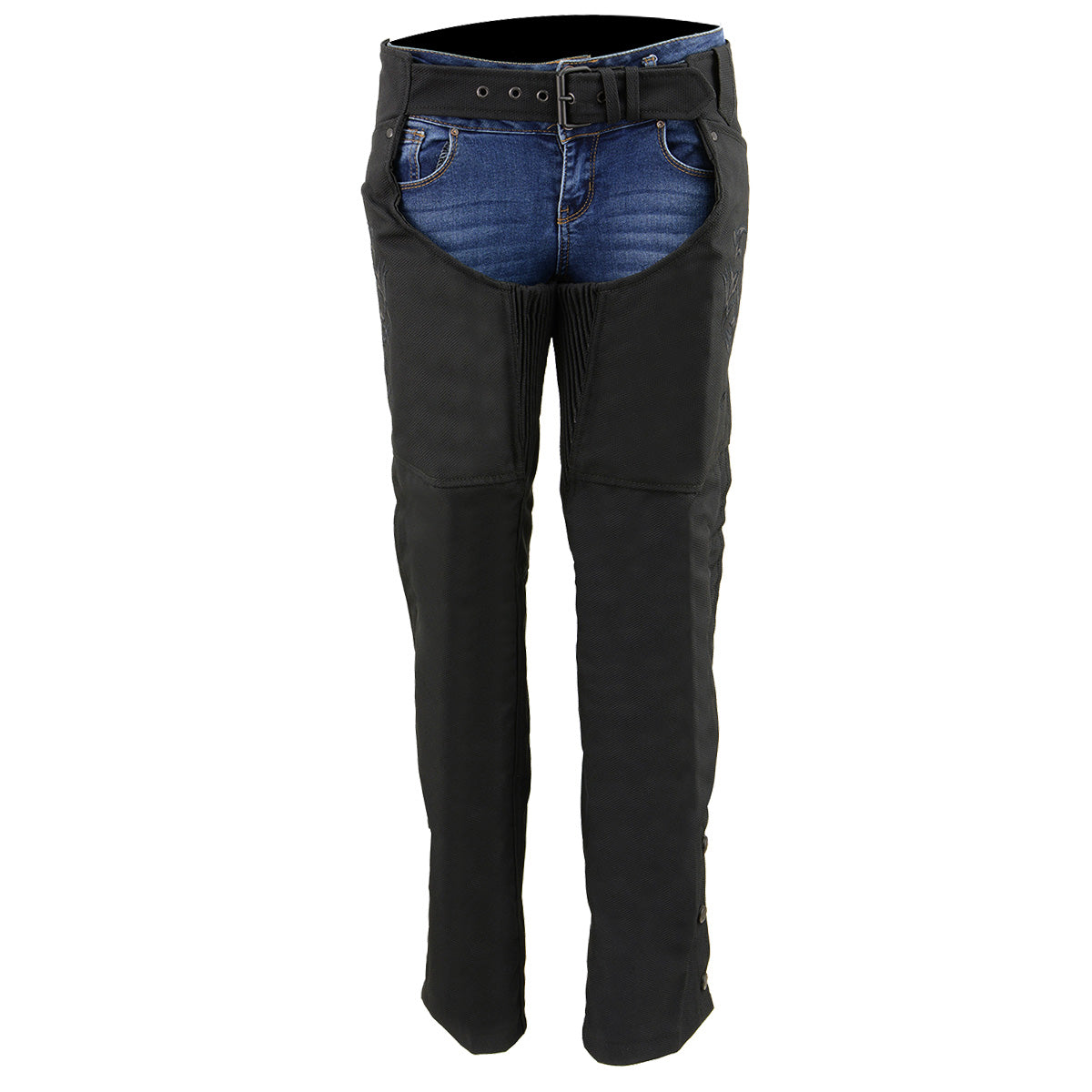 Milwaukee Leather SH1182 Women s Black Textile Motorcycle Riding Chaps with Tribal Embroidery