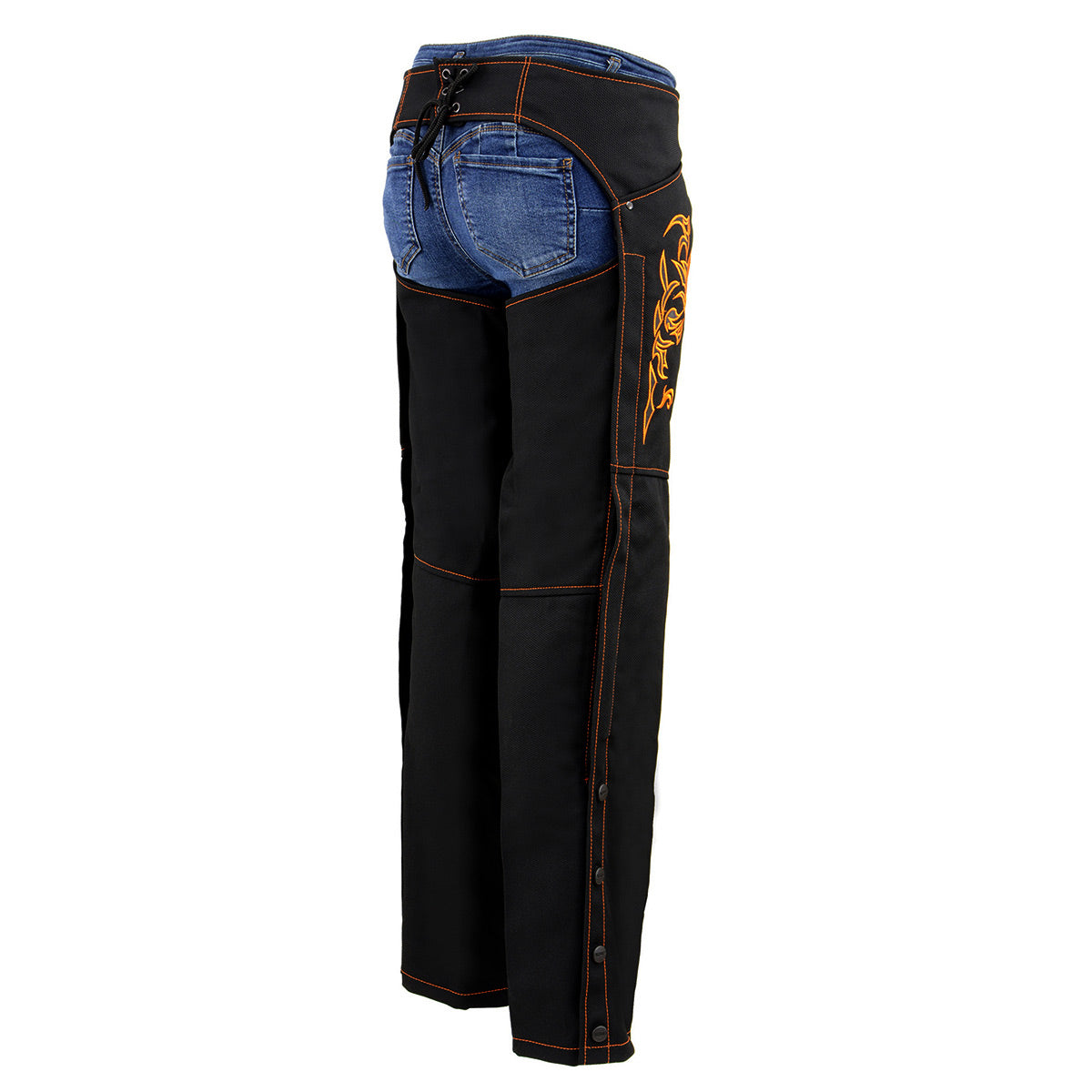 Milwaukee Leather SH1182 Women's Black with Orange Textile Motorcycle Riding Chaps with Tribal Embroidery