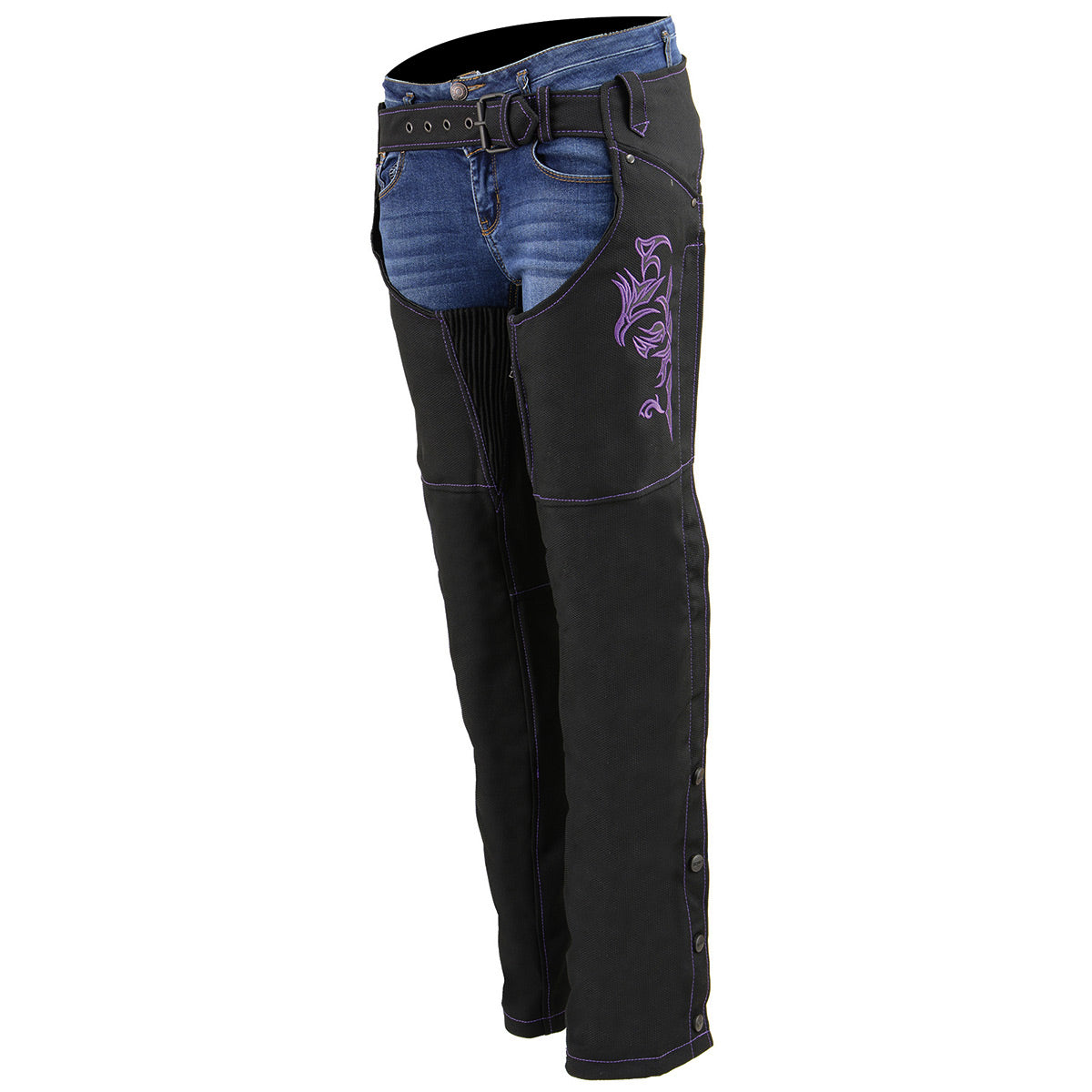 Milwaukee Leather SH1182 Women's Black with Purple Textile Motorcycle Riding Chaps with Tribal Embroidery