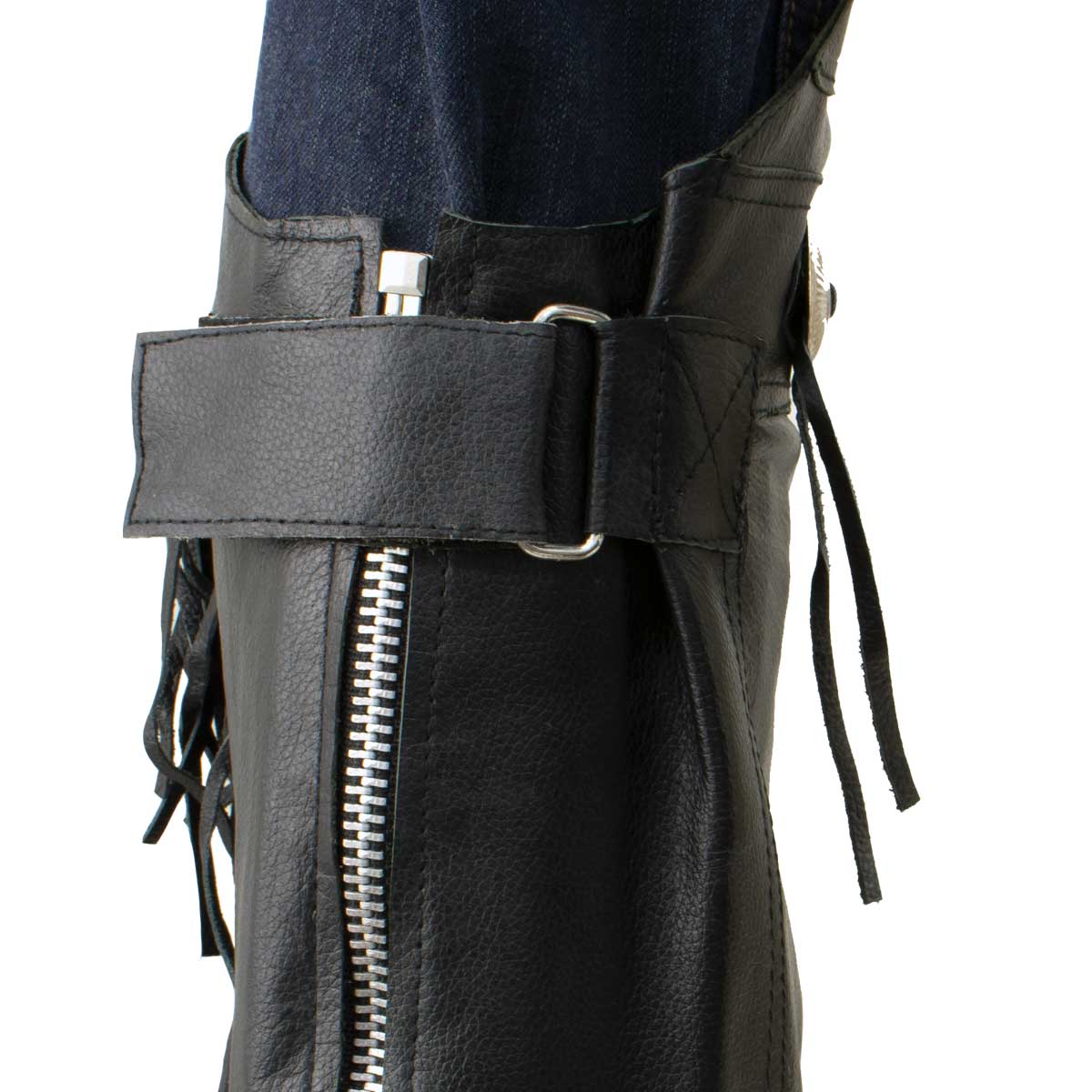 Genuine Leather SH1199FR Women's Black ‘Fringed’ Leather Short Chaps with Conchos with Conchos