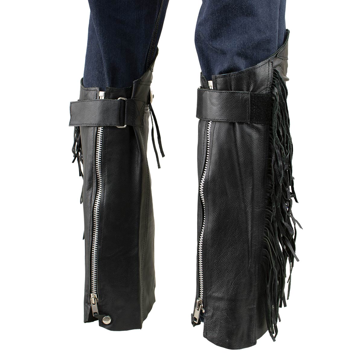 Genuine Leather SH1199FR Women's Black ‘Fringed’ Leather Short Chaps with Conchos with Conchos