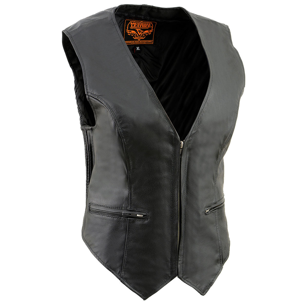 Milwaukee Leather SH1288 Women's Black Leather Deep V-Neck Motorcycle Rider Vest with Side Stretch Panels