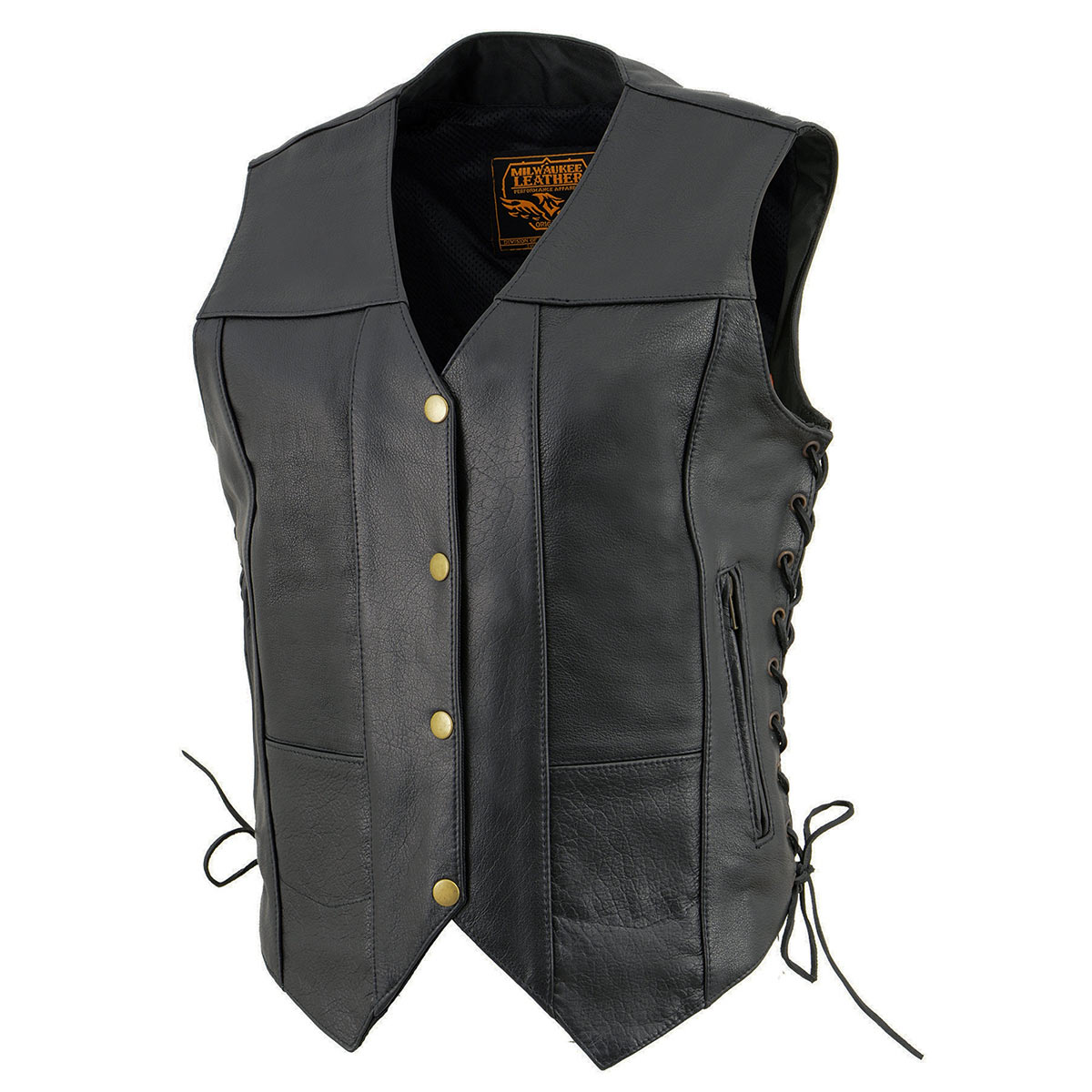 Milwaukee Leather SH1292 Women's Black Leather Side Lace 6 Pocket Motorcycle Rider Vest- Antique Color Snap Closure