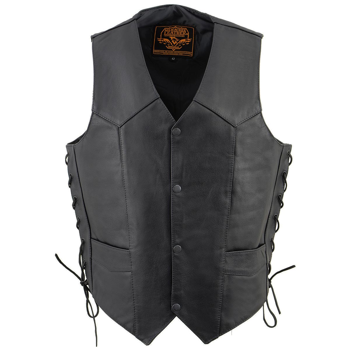Milwaukee Leather SH131578 Men's Black Leather Classic V-Neck Motorcycle Leather Vest w/ Side Lace