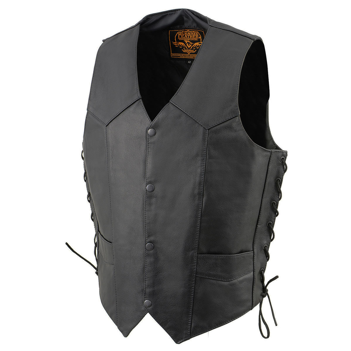 Milwaukee Leather SH131578 Men's Black Leather Classic V-Neck Motorcycle Leather Vest w/ Side Lace