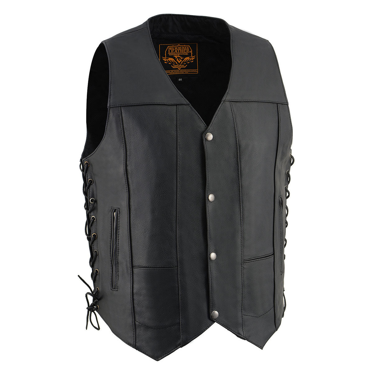 Milwaukee Leather SH1391 Men's Black Leather 10 Pocket V-Neck Side Lace Motorcycle Rider Vest w/ Front Snap Closure